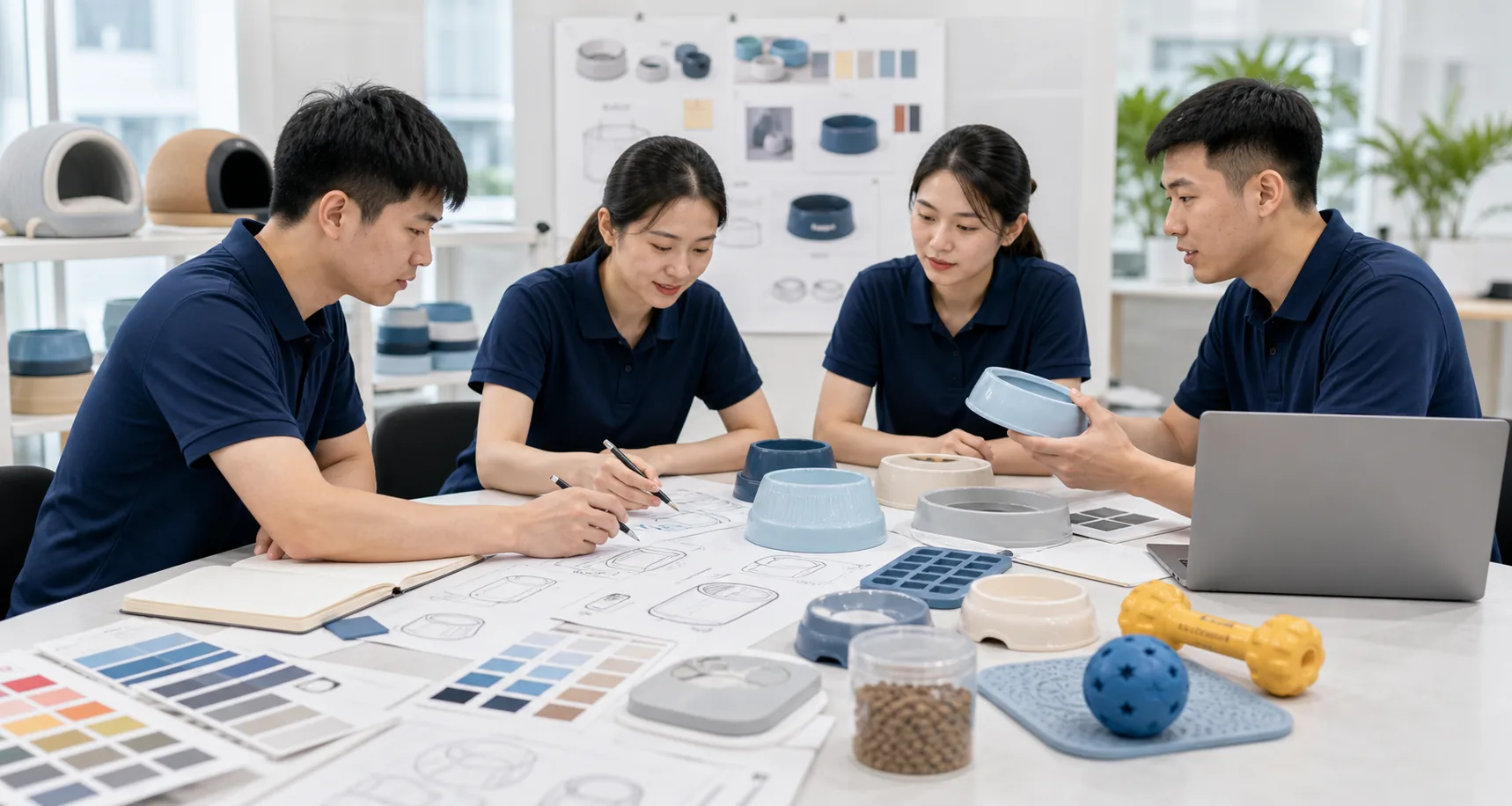 Landpion design team reviewing pet product samples